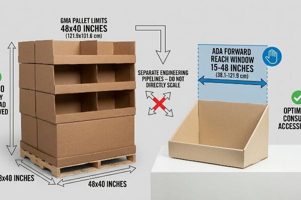 Brown corrugated cardboard displays illustrate GMA Pallet Limits 48x40 Inches (121.9x101.6 cm) and ADA Forward Reach Window 15-48 Inches (38.1-121.9 cm), emphasizing separate engineering pipelines.