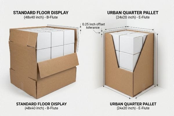 Standard- vs. Stadtdisplays Displays aus brauner Wellpappe: Standard-Bodenaufsteller (48x40 Zoll B-Welle) vs. Urban Quarter Palette (24x20 Zoll E-Welle) mit einer Toleranz von 0,25 Zoll.