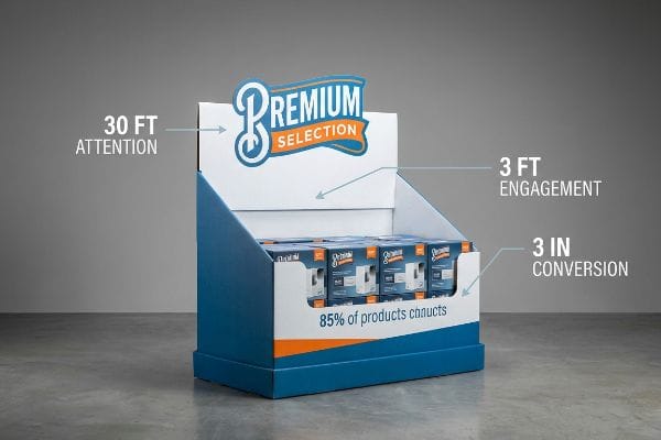Blue corrugated display packaging for 'Premium Selection' products, showing 30 Ft Attention, 3 Ft Engagement, 3 In Conversion.