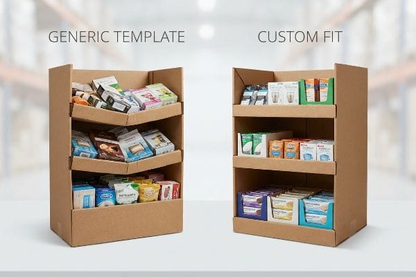 Generic vs. Custom Fit Illustrating the contrast between a "Generic Template" cardboard display with messy products and a "Custom Fit" display with organized items.