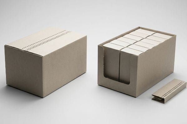 Wellpappenverpackung für den Verkaufsverkauf, bestehend aus einem geschlossenen Umkarton mit Perforationen und einer offenen HSC-Verkaufsschale mit den Produkten.