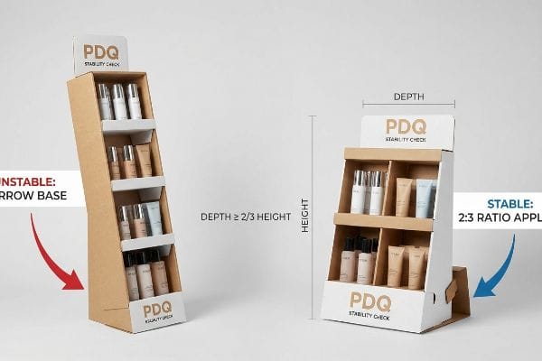 Two cardboard PDQ Stability Check displays, contrasting an Unstable narrow base with a Stable 2:3 Ratio design for cosmetics.