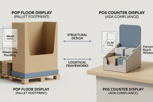 POPとPOSディスプレイ 構造設計と物流フレームワークを強調した、パレット上の段ボール製POPフロアディスプレイ(48×40インチ)とPOSカウンターディスプレイ(15~48インチ)。.