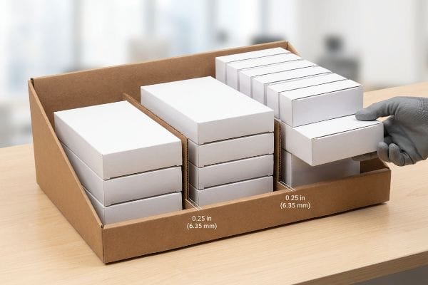 Display Tray 0.25 Clearance Brown corrugated display tray with 0.25 inch (6.35 mm) clearance between modular dividers, holding stacks of white boxes, demonstrating efficient restocking.