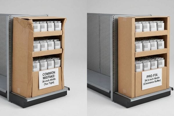 Brown corrugated end-cap displays on a grey gondola, contrasting a tight 36-inch 'Common Mistake' with a 34.5-inch 'Pro Fix' clearance.