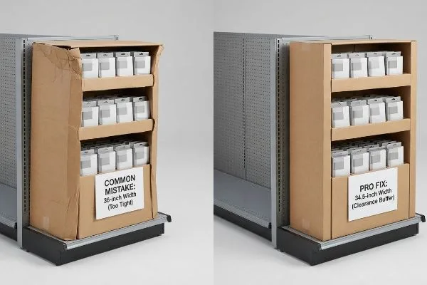Exhibidores de cartón corrugado marrón en un góndola gris, que contrastan con un espacio libre ajustado de 36 pulgadas de 'Common Mistake' y de 34,5 pulgadas de 'Pro Fix'.