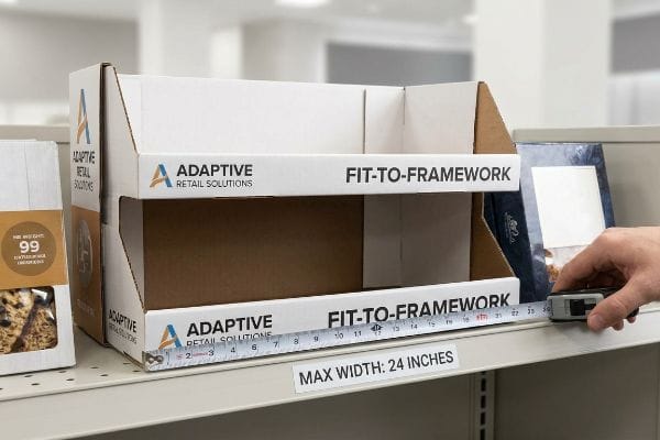 Retail Display Fit Check White cardboard Adaptive Retail Solutions display box, labeled Fit-to-Framework, measured on a shelf with a Max Width: 24 Inches sign, ensuring retail compliance.