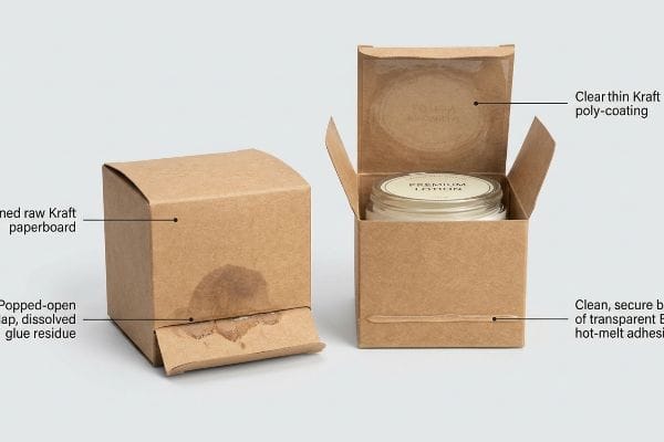 Unlined Kraft box with dissolved glue, popped flap; poly-coated box with Premium Lotion, EVA hot-melt adhesive.