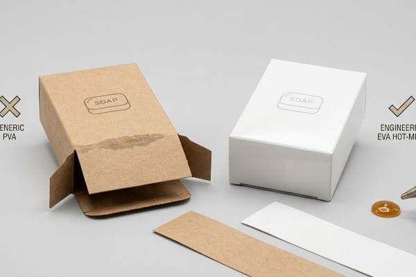 PVA, EVA Adhesives Brown kraft paper soap box with dissolved flap from Generic Pva adhesive, contrasted by a pristine white box secured with Engineered Eva Hot-Melt adhesive.