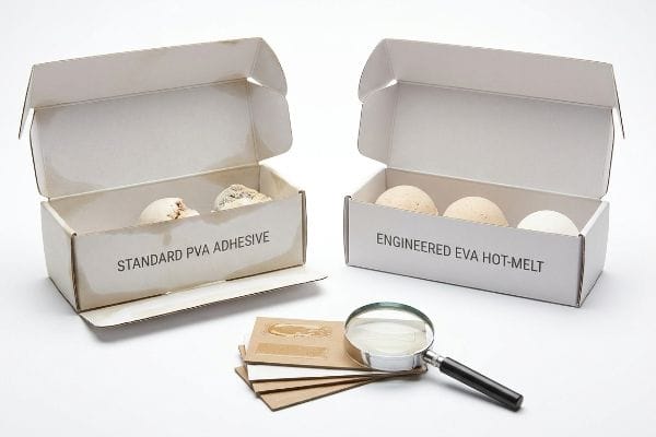 Adhesive Performance Comparison White boxes show dissolved Standard Pva Adhesive and intact Engineered Eva Hot-Melt, with a magnifying glass on adhesive-smeared paper.
