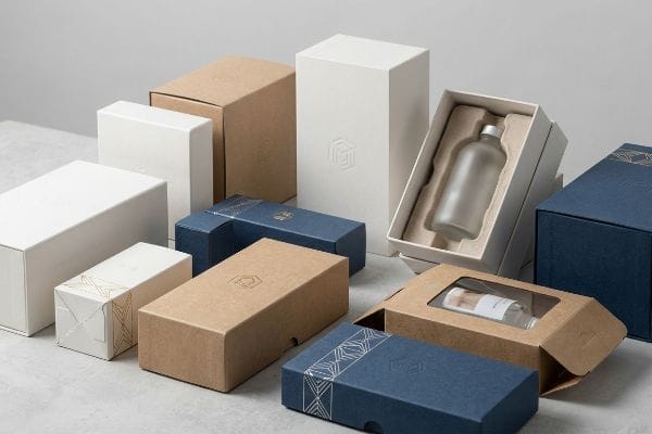 A collection of engineered packaging, featuring diverse kraft, white, and blue boxes, some open with frosted and clear bottles.