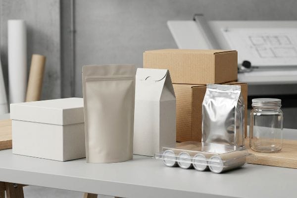 Diverse packaging types: stand-up pouch, rigid box, folding carton, corrugated shippers, foil bag, thermoformed tray, glass jar.