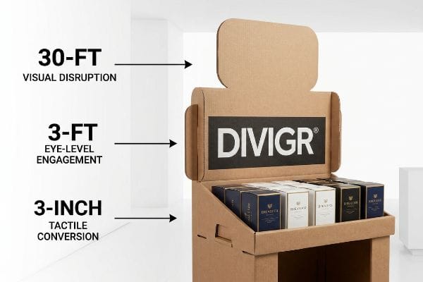 Divigr Retail Display Strategy Corrugated cardboard retail display for Divigr, illustrating 30-foot visual disruption, 3-foot eye-level engagement, and 3-inch tactile conversion with product boxes.