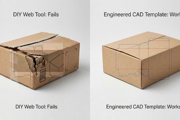 Brown kraft cardboard boxes illustrate packaging design failure vs. success: a torn "DIY Web Tool: Fails" box next to a perfect "Engineered CAD Template: Works" box.