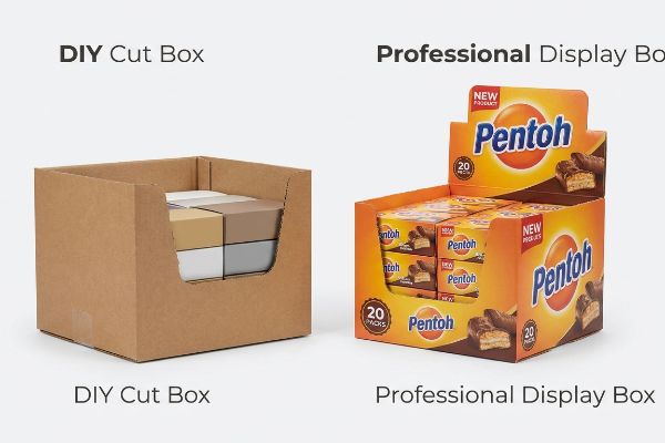 DIY vs Professional Display Brown cardboard DIY Cut Box with blocks next to a colorful Pentoh Professional Display Box for chocolate bars.