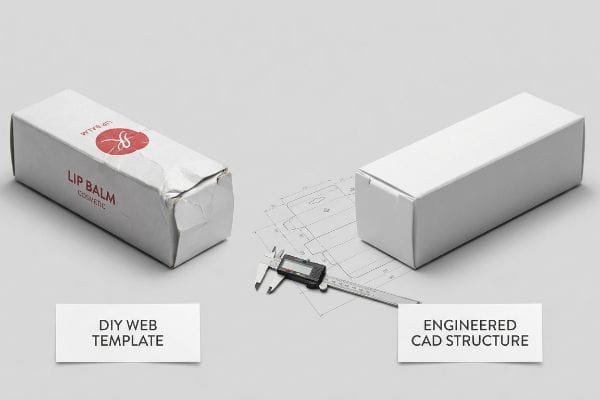 DIY vs Engineered Packaging A crumpled Lip Balm Cosmetic box from a Diy Web Template next to a perfectly formed box with an Engineered Cad Structure and digital caliper on a dieline.