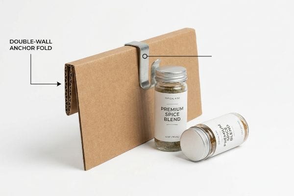 Double-Wall Anchor Fold Brown corrugated cardboard with a Double-Wall Anchor Fold, featuring a metal S-clip and two 4 Oz Premium Spice Blend jars.