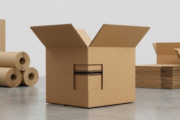 Custom Double-Wall Box An open, empty double-wall corrugated cardboard box with a handle cutout, surrounded by kraft paper rolls and flat cardboard sheets.