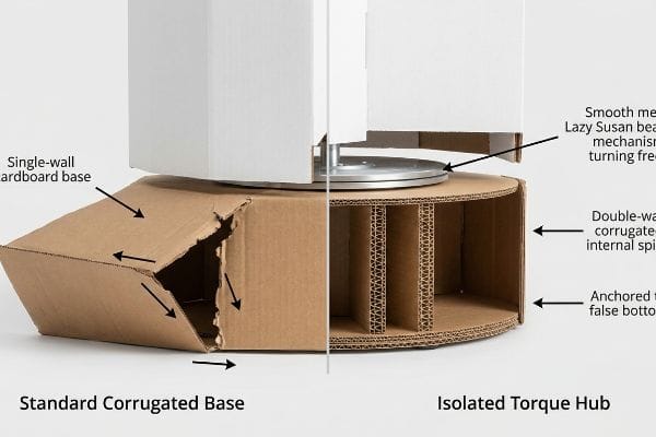 Single-wall Corrugated Base tearing vs. Isolated Torque Hub with double-wall corrugated spine and Lazy Susan bearing.