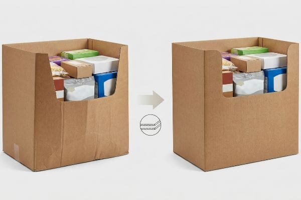 Weak single-wall corrugated retail bin filled with products on the left, contrasted with a strong double-wall corrugated bin on the right, demonstrating structural improvement.