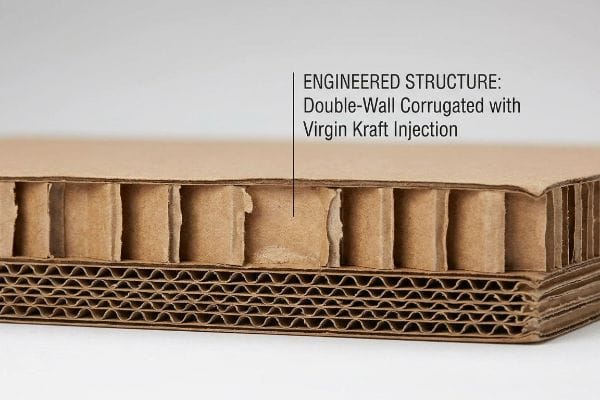 Doppelwandige Wellblechkonstruktion Querschnitt einer braunen doppelwandigen Wellpappe, einer Engineered Structure mit Virgin Kraft Injection, zeigt die inneren Wellen.