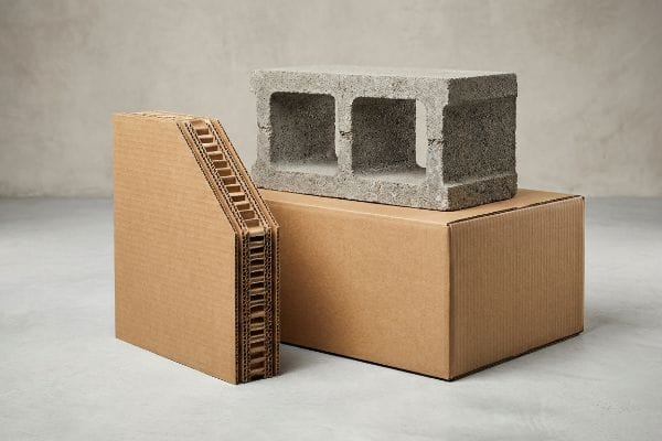 Double Wall Cardboard Strength A cross-section of double wall cardboard with visible flutes stands next to a brown box, topped by a heavy concrete block, illustrating packaging strength.