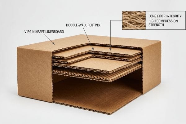 Corrugated Box Structure Strength Virgin Kraft Linerboard and Double-Wall Fluting in a corrugated box cutaway, showing Long Fiber Integrity for High Compression Strength.