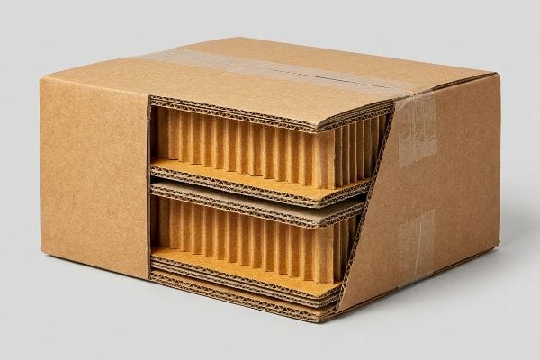 Heavy-duty Box Fluting Brown corrugated cardboard box cutaway revealing double-wall architecture with internal fluting for heavy-duty packaging.
