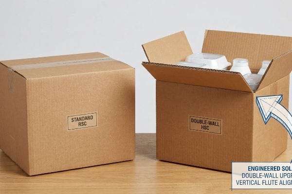 Double-Wall HSC Upgrade Corrugated boxes: a Standard Rsc and an open Double-Wall Hsc, showing Double-Wall Upgrade and Vertical Flute Alignment.