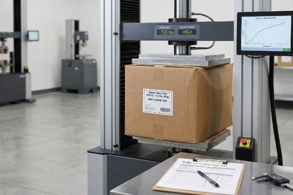 Box Kinetic Shear Test A brown corrugated double wall box, labeled for a Kinetic Shear Test at 152.3 lbs (69 kg), undergoing compression in a testing machine displaying 150 lbs.