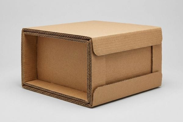 Brown corrugated double-wall RSC box, partially open, revealing internal fluting for heavy-duty shipping.