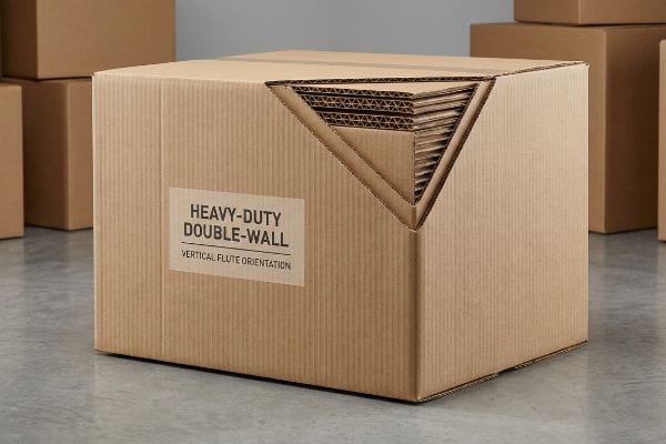 Heavy-Duty Double-Wall Box Brown heavy-duty double-wall corrugated box, labeled 'Heavy-Duty Double-Wall' and 'Vertical Flute Orientation', revealing strong multi-layered flutes.