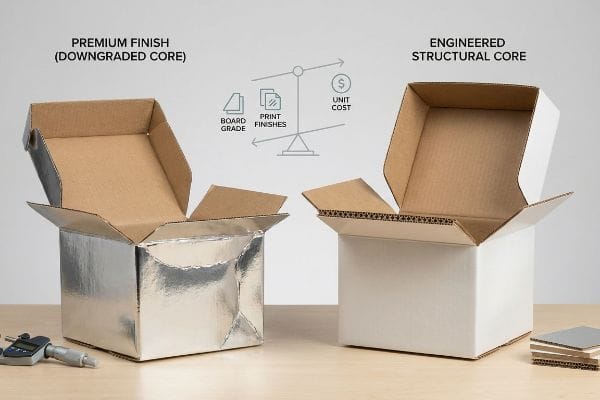 Premium Finish (Downgraded Core) and Engineered Structural Core boxes, showing Board Grade, Print Finishes, Unit Cost balance.