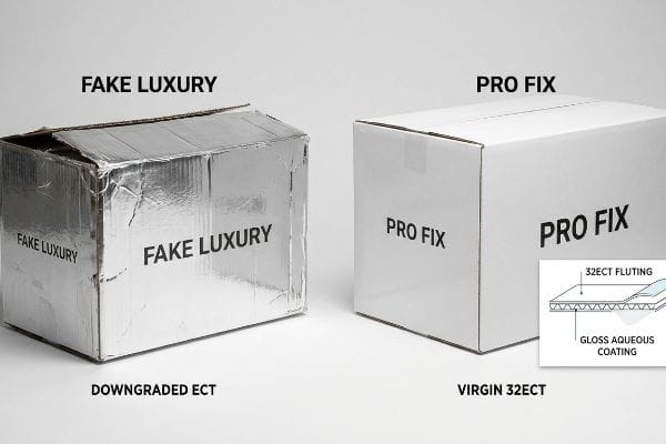 Crumpled silver foil box labeled Fake Luxury, indicating Downgraded Ect, next to a clean white Pro Fix box with Virgin 32Ect and a diagram of 32Ect Fluting and Gloss Aqueous Coating.