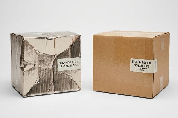 Downgraded vs Engineered Packaging Crumpled silver foil box labeled "Downgraded Board & Foil" next to a brown corrugated box labeled "Engineered Solution (32ECT)".