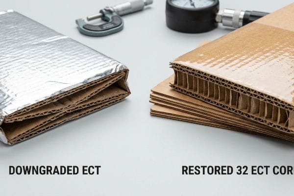 Compressed Downgraded ECT corrugated board with foil contrasted with robust Restored 32 ECT Core samples, beside testing tools.