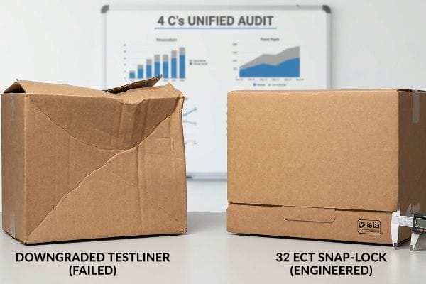 Failed vs Engineered Packaging A crumpled Downgraded Testliner box beside a pristine 32 ECT Snap-Lock Engineered carton, illustrating packaging failure.