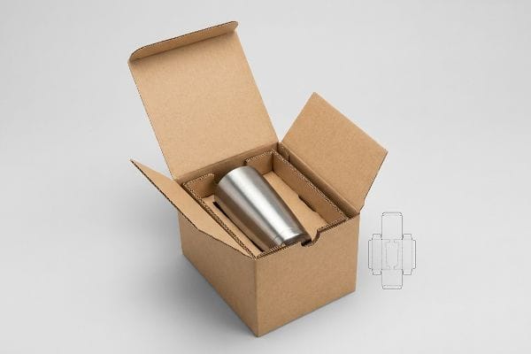 Brown corrugated box with a stainless steel tumbler secured by a die-cut insert, demonstrating suspension void drinkware packaging.