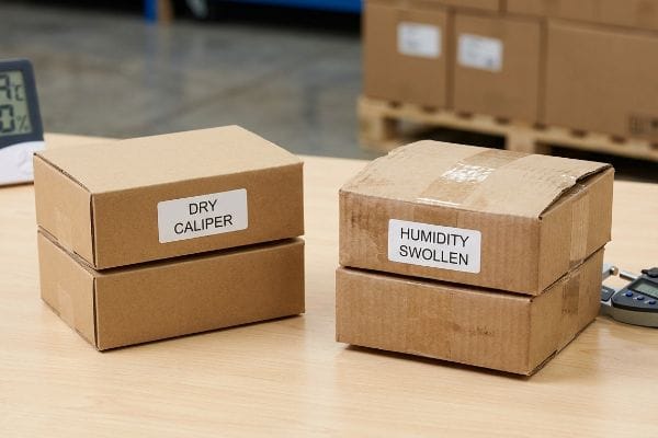 Dry Swollen Boxes Comparison Brown corrugated cardboard boxes, one stack labeled "Dry Caliper" and another "Humidity Swollen," with a digital micrometer nearby.