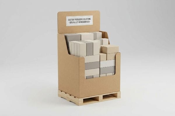 Quarter-Pallet Merchandiser Display Corrugated cardboard quarter-pallet merchandiser with Custom Packaging Solutions DTR Pallet Merchandiser sign, filled with beige and gray boxes on a wooden pallet.