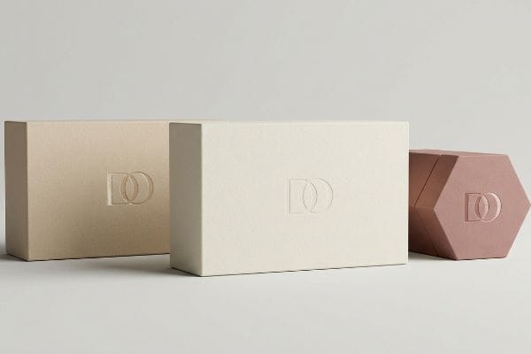 Beige, off-white, dusty rose cosmetic boxes with debossed 'DD' logos. Rectangular and hexagonal premium tactile packaging.