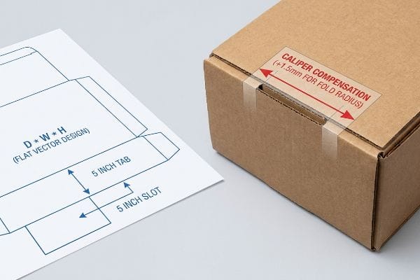 A corrugated box displays a 'Caliper Compensation (+1.5mm For Fold Radius)' label next to a flat die-cut design illustrating 'D*W*H (Flat Vector Design)', '5 Inch Tab', and '5 Inch Slot' dimensions.