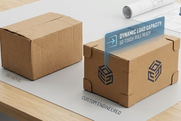 Caixas de cartão castanhas, genéricas versus concebidas à medida, destacando a Capacidade de Carga Dinâmica e a Regra dos 50 Toques para durabilidade na cadeia de abastecimento.