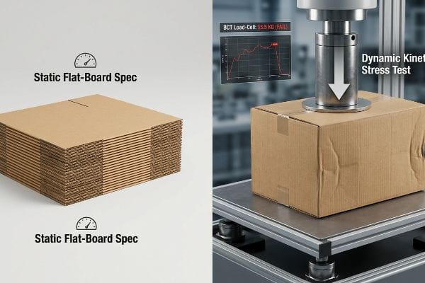 Static Flat-Board Spec corrugated sheets contrasted with a Dynamic Kinetic Stress Test on a box, showing BCT Load-Cell: 55.5 KG (FAIL).