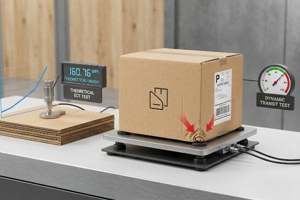 Packaging Transit Test Cardboard box with crumpled corners on a dynamic transit test platform, contrasted with a theoretical ECT test setup displaying 160.76 Mph.