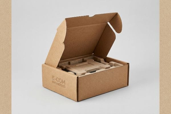 E-Com Engineered Box An open brown corrugated e-commerce box with a molded pulp insert, featuring 'E-Com Engineered' branding on the side.