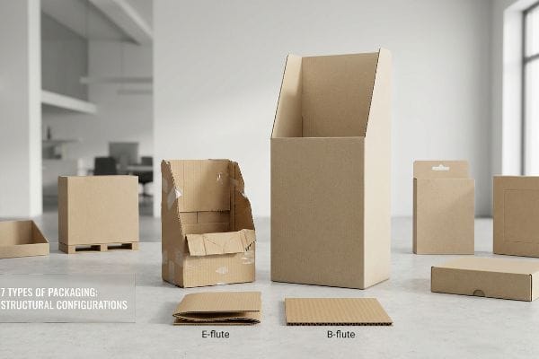 Packaging Structural Configurations Corrugated E-flute and B-flute cardboard sheets alongside various display packaging, illustrating 7 Types of Packaging: Structural Configurations.