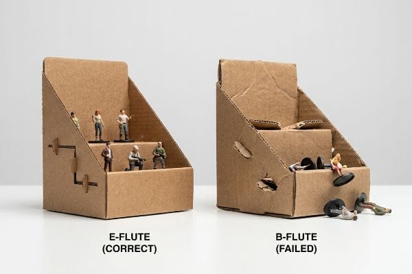 E-Flute vs B-Flute E-Flute (Correct) cardboard display holds miniature figurines, while B-Flute (Failed) unit shows buckled paperboard and fallen figures.