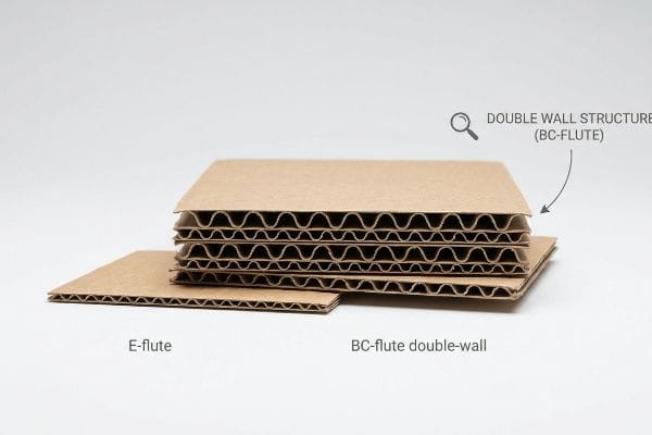 Corrugated Flute Types Corrugated E-flute and stacked BC-flute Double Wall Structure cardboard, revealing distinct fluting layers.