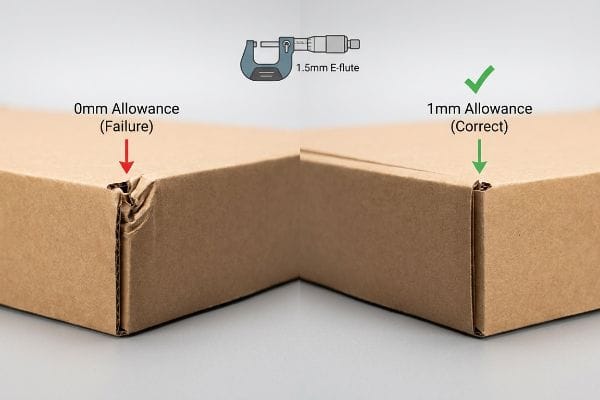 Box Bend Allowance E-flute Brown corrugated box corners show 0mm Allowance (Failure) vs. 1mm Allowance (Correct) for 1.5mm E-flute, with a micrometer.